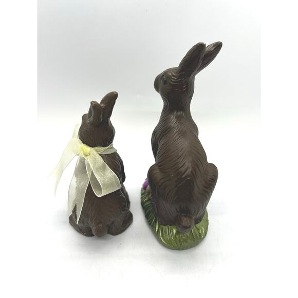 Chocolate Faux Easter Bunny Rabbits Resin Figures Spring Yellow Bow 2 Pair - Picture 3 of 7